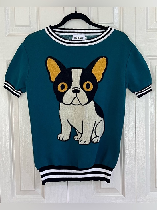 OXKnit Tops - OXKNIT Boston Terrier Knit Sweater Top Size L Teal Short Sleeve Dog Graphic